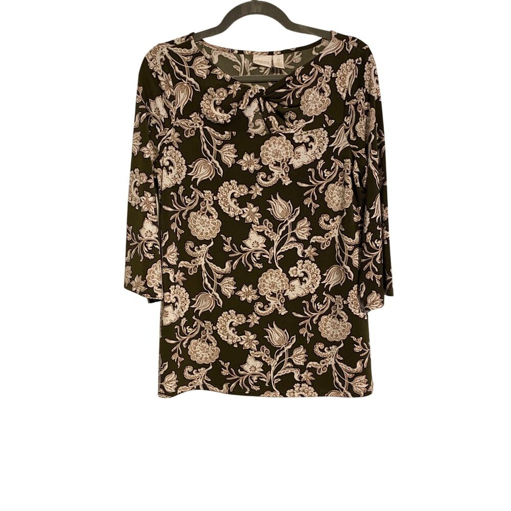 Chicos 0 Women's Small Tunic Top Paisley Olive Green White Boho Hippie Cottage